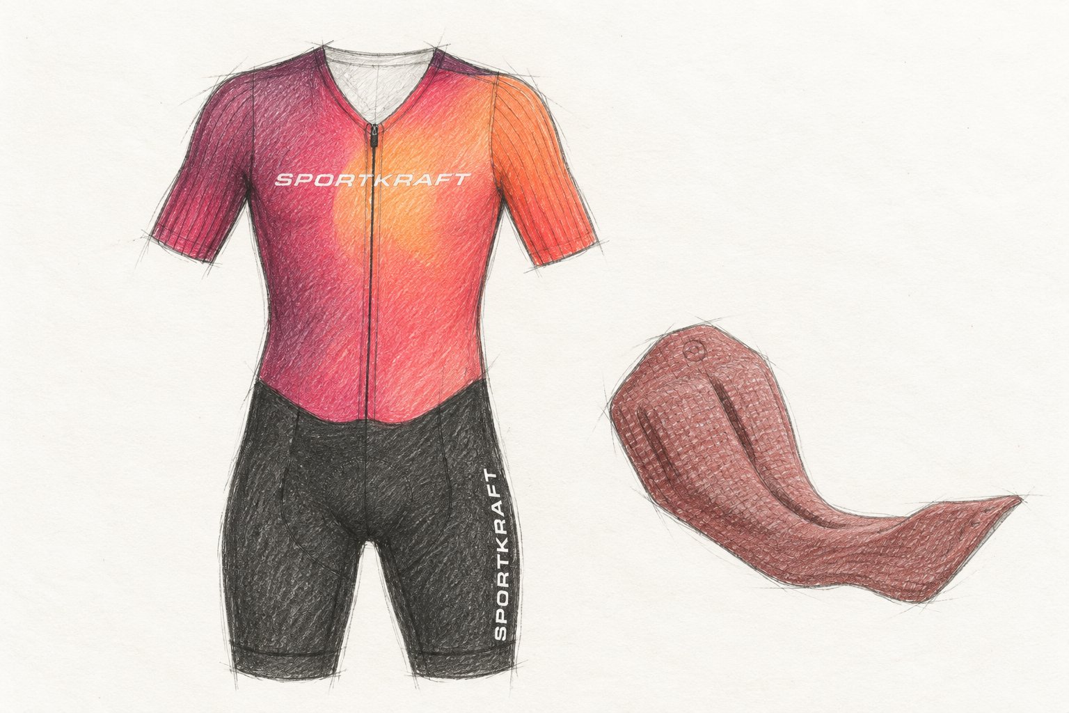 Pencil sketch of a SPORTKRAFT race suit concept and chamois