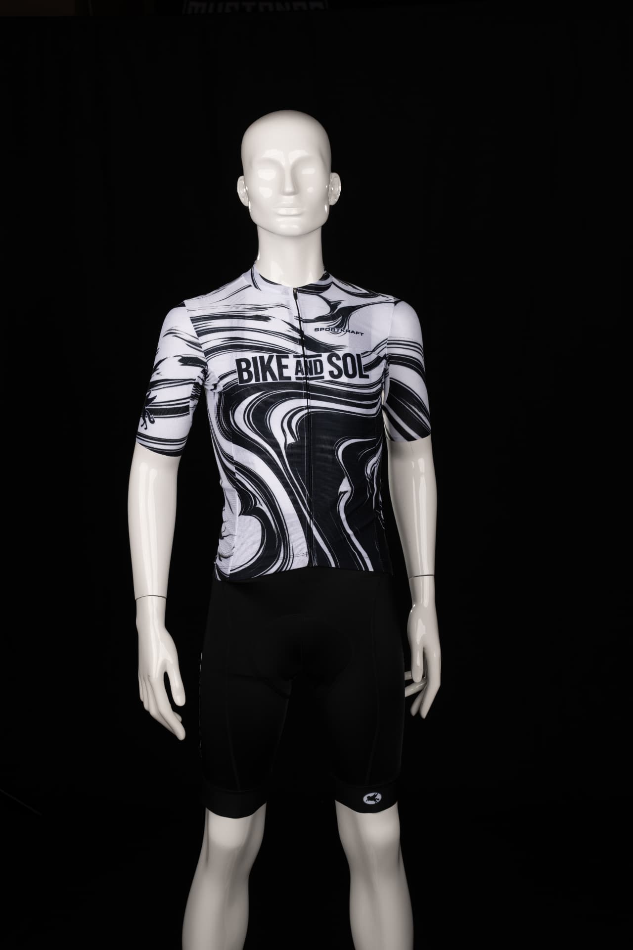 SPORTKRAFT Core 1.1 Jersey in a black and white marbled Bike and Sol design, shown on a mannequin