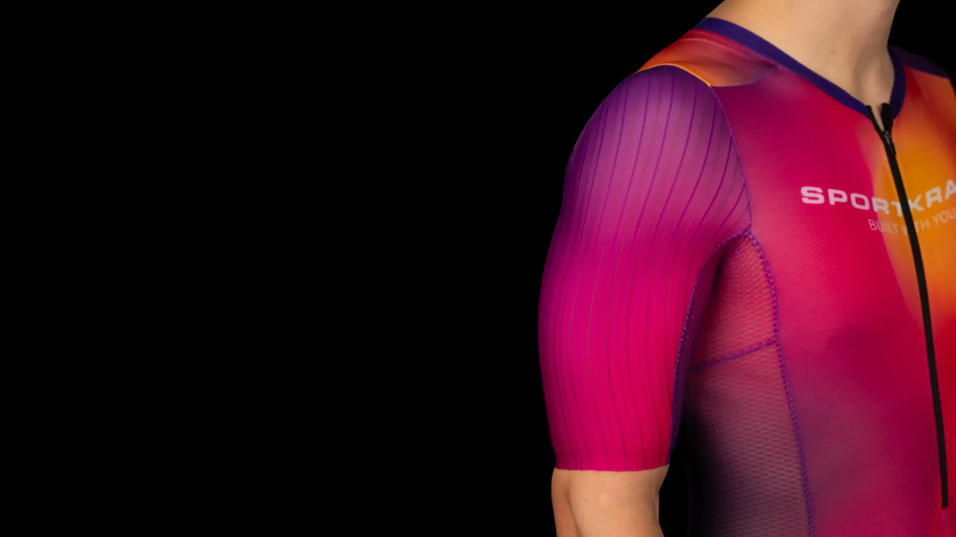 Close-up of the sleeve and shoulder panels on a custom Sportkraft gradient jersey