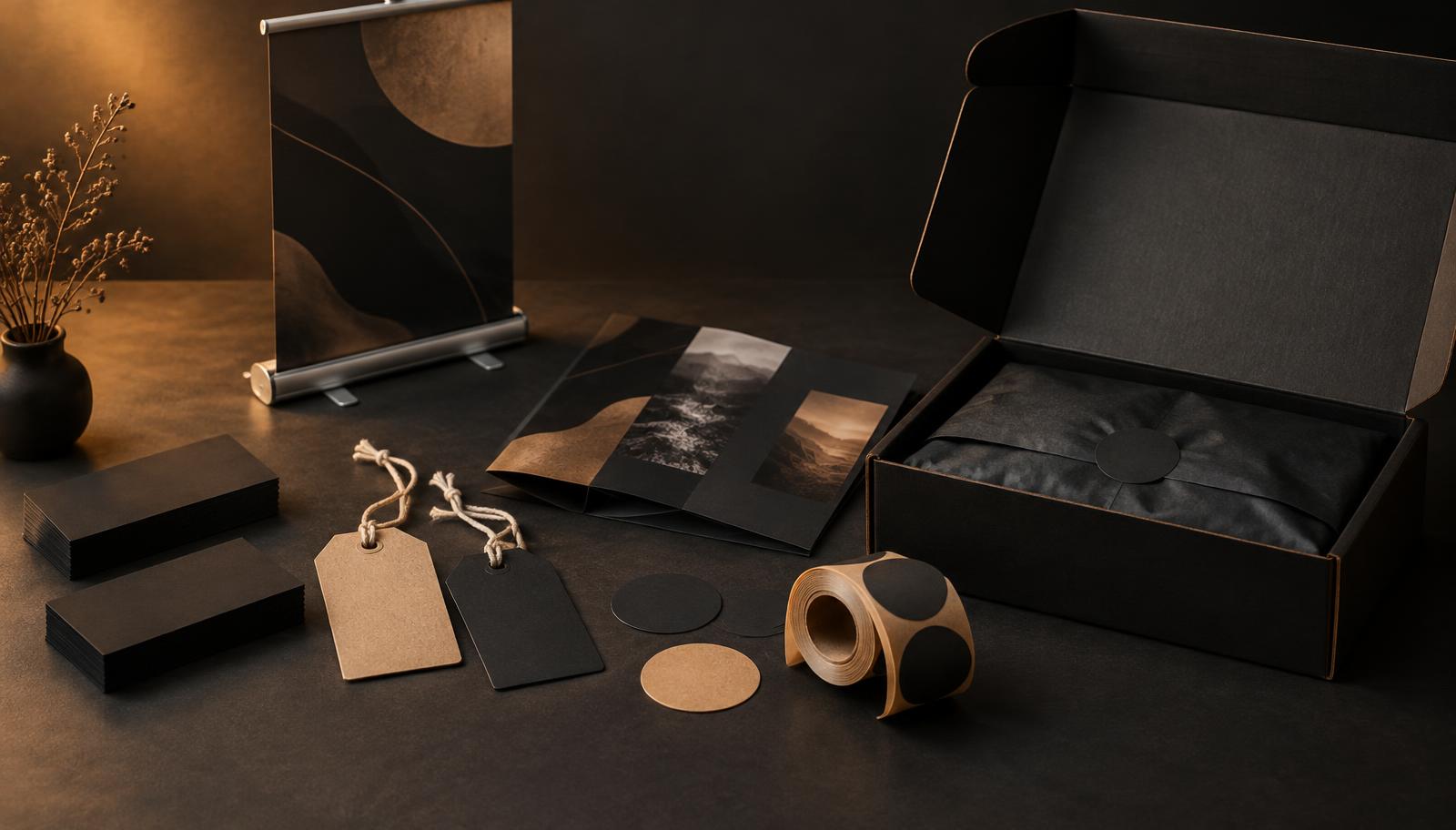 Business cards, tags, labels and a mailer box