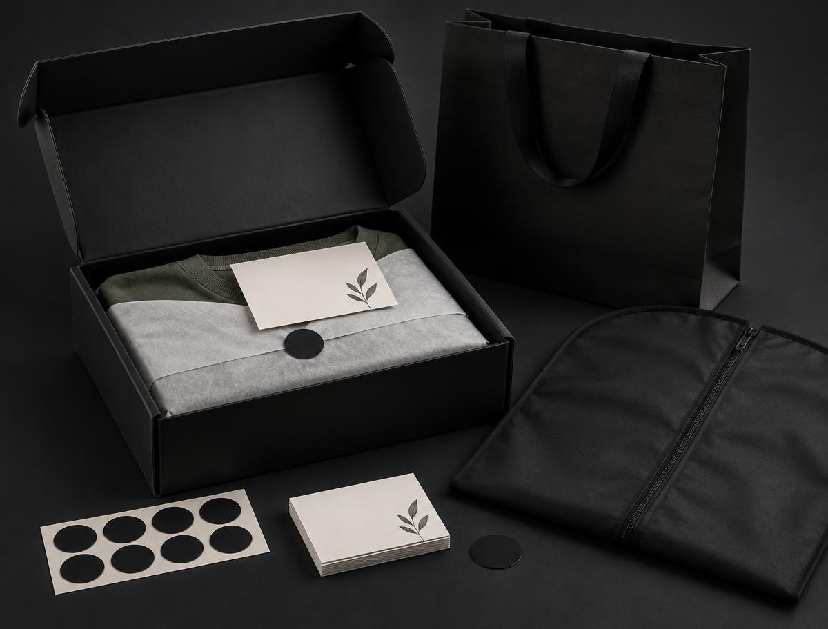 Black mailer box with folded garment and thank-you card