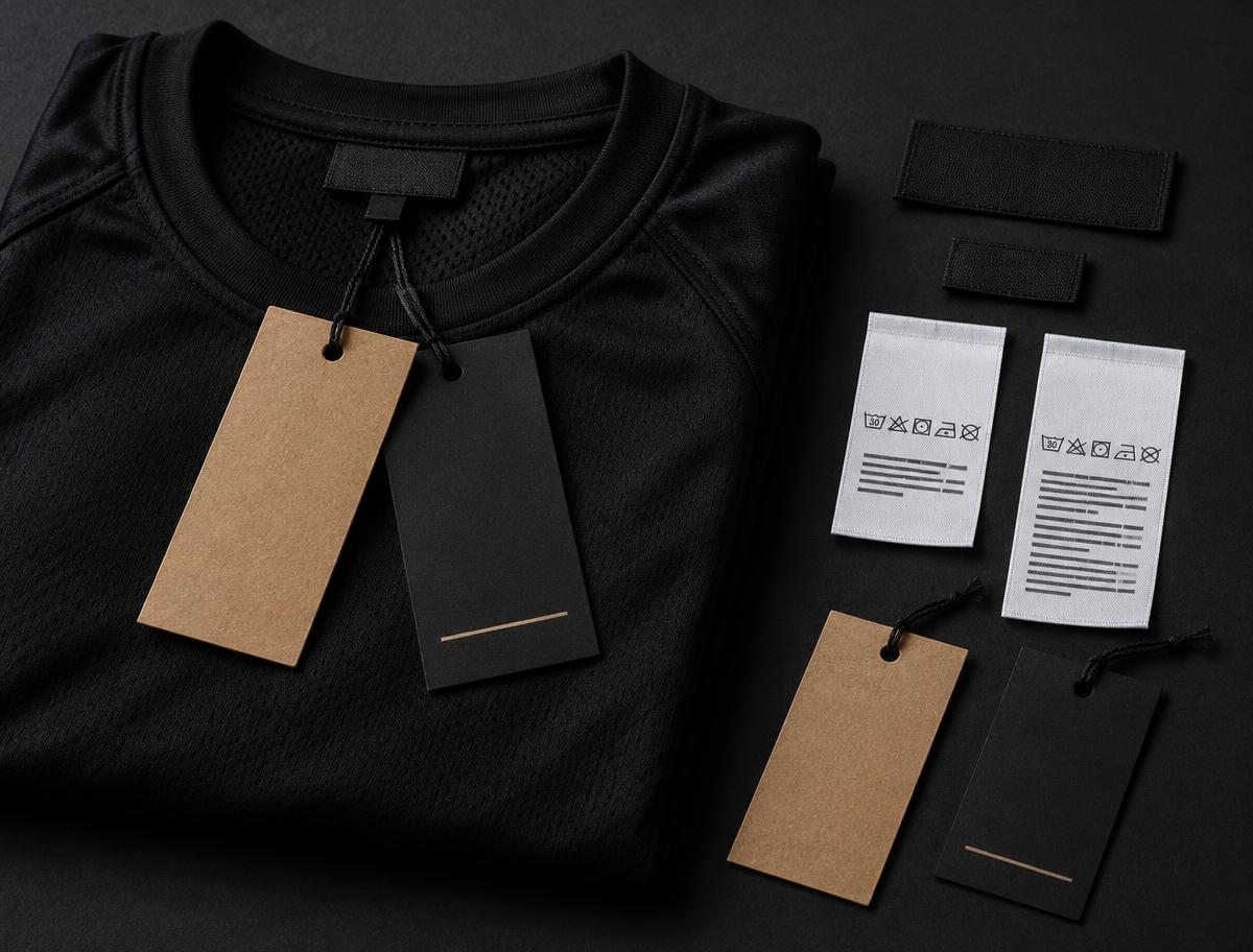 Kraft and black hang tags on a folded athletic shirt
